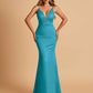 Satin Deep V-neck Mermaid Prom Dresses Open Back Floor Length