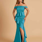 Satin Mermaid Off Shoulder Bridesmaid Dresses With Ruffles Side Slit Floor Length