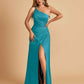 Satin One Shoulder Sheath Prom Dresses Spaghetti Straps Side Slit Floor Length