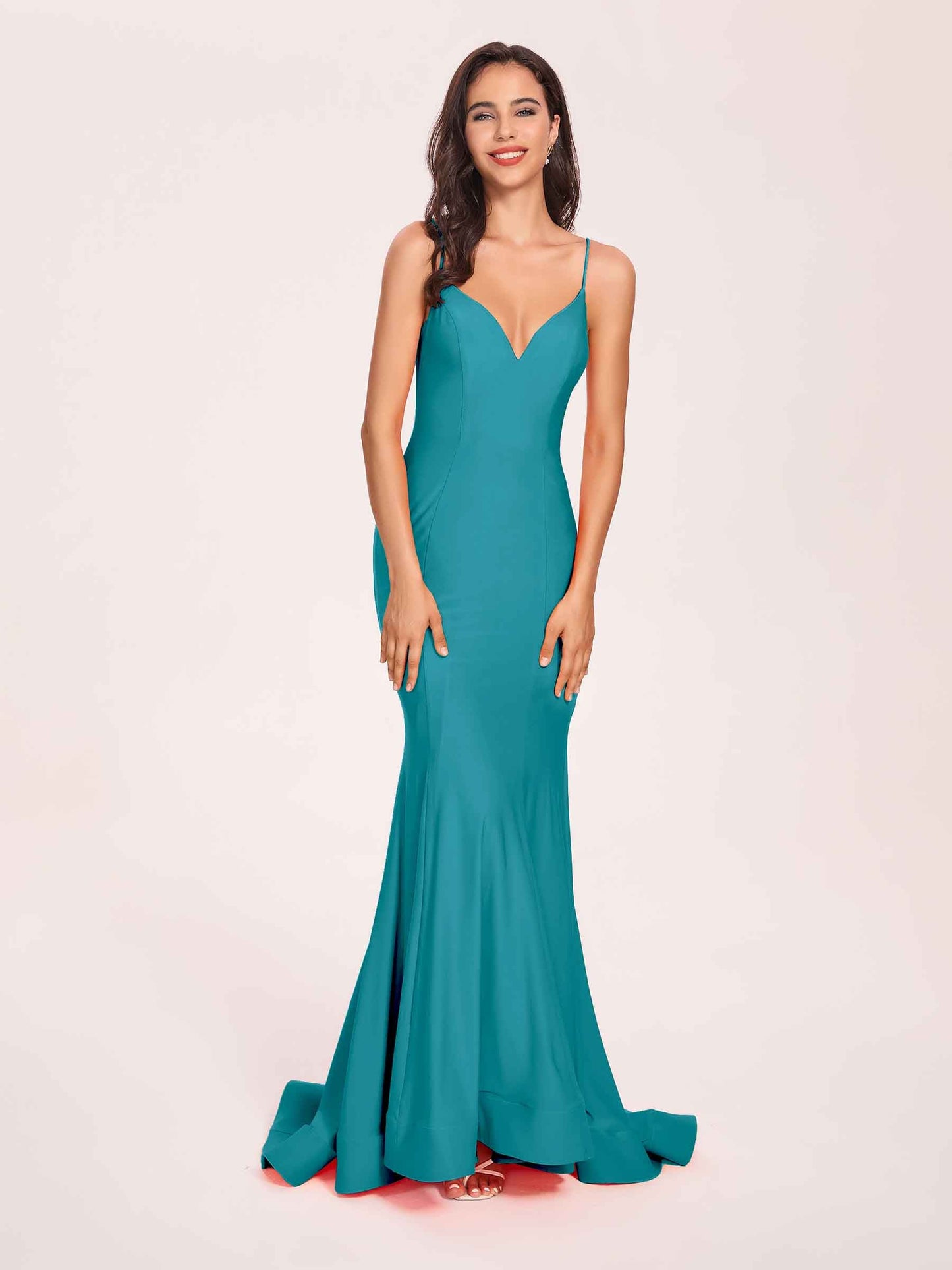 Sexy Satin Mermaid Prom Dresses Spaghetti Straps V-neck Floor Length Lace-up Back