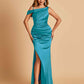 Unique Satin One Shoulder Bridesmaid Dresses Side Slit Half Open Back Floor Length