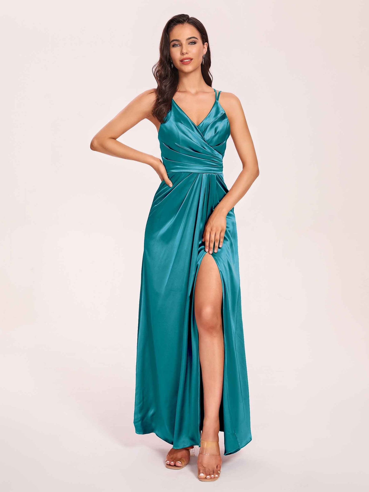 Sexy Satin A-line Prom Dresses Spaghetti Straps Side Slit V-neck Floor Length