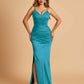 Satin Mermaid Long Bridesmaid Dresses Spaghetti Straps V-neck Side Slit Floor Length