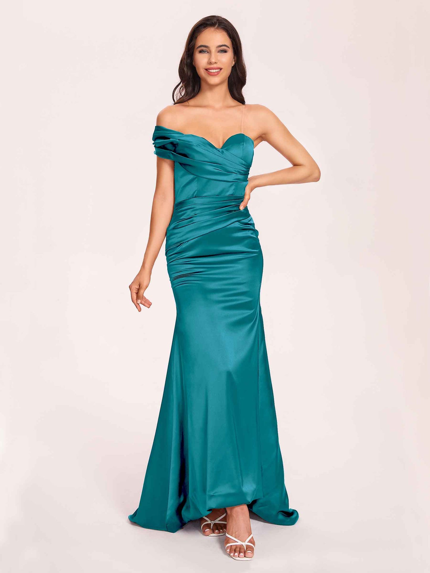 Satin One-shoulder Bridesmaid Dresses Pleats Floor Length Mermaid Long