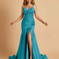 Sexy Satin Mermaid Open Back Prom Dresses Spaghetti Straps V-neck Side Slit