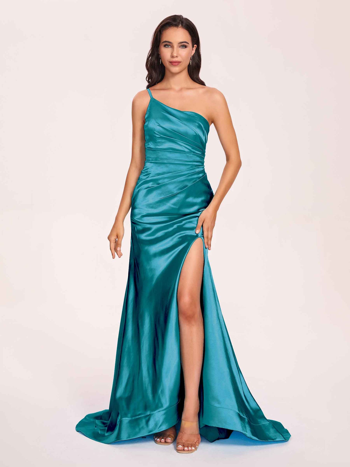 Satin One-shoulder Mermaid Bridesmaid Dresses Side Slit Pleats Floor Length