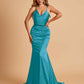 Sexy Satin Mermaid Prom Dresses Spaghetti Straps V-neck Pleats Floor Length