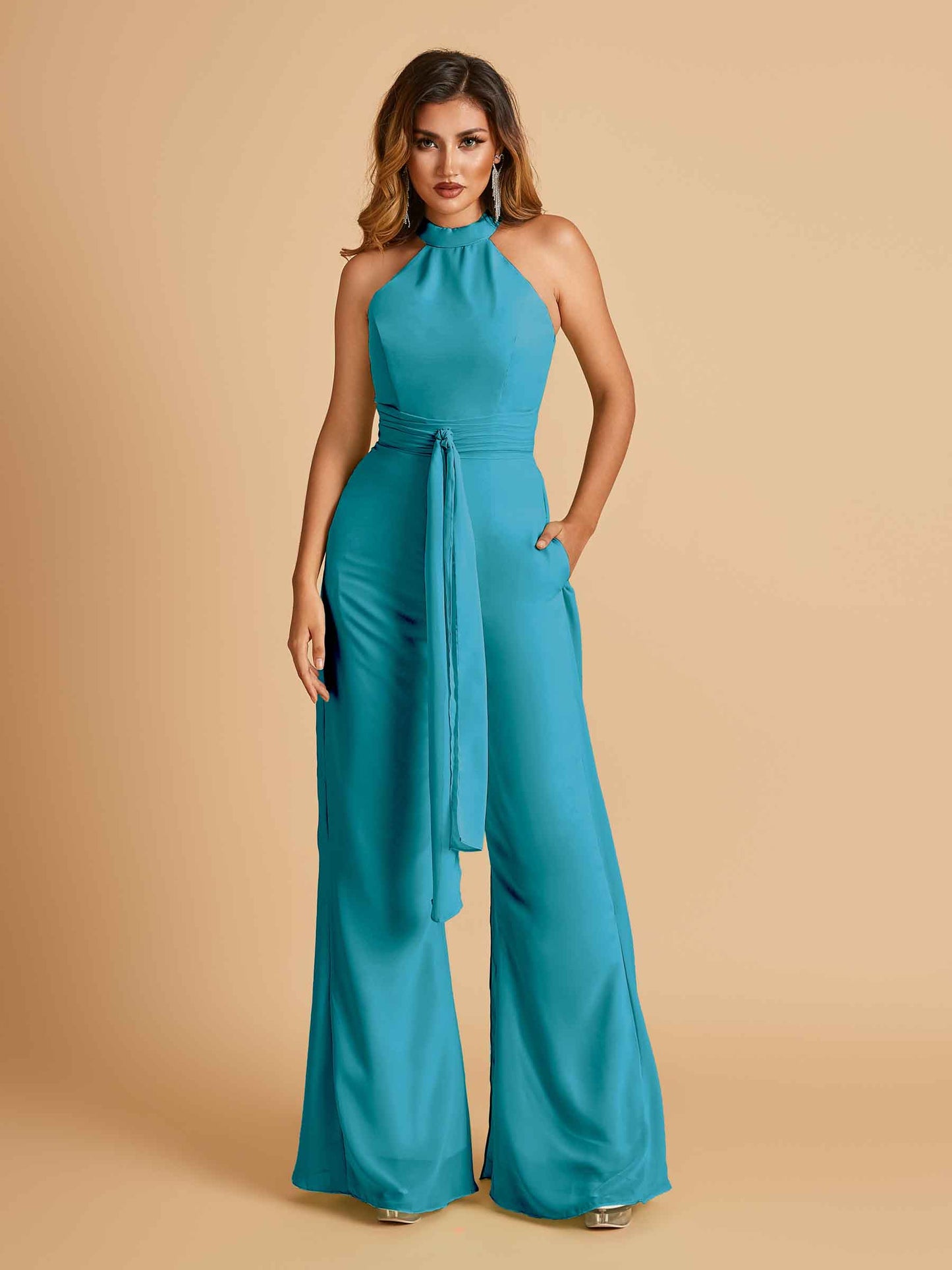 Chiffon Bridesmaid Jumpsuit Jewel Neck Sleeveless Floor Length With Pockets