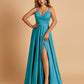 Satin A-line Long Prom Dresses Spaghetti Straps V-neck Side Slit Floor Length