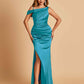 Unique Satin One Shoulder Prom Dresses Side Slit Half Open Back Floor Length
