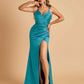 Satin Spaghetti Straps Long Prom Dresses V-neck Side Slit Criss-cross Back Sheath