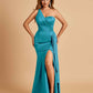 Satin One Shoulder Mermaid Bridesmaid Dresses Side Slit Floor Length