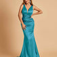Sexy Satin Criss-cross Back Prom Dresses Mermaid Deep V-neck Back Pleats Floor Length