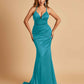 Satin Mermaid Open-back Prom Dresses Spaghetti Straps V-neck With Pleats Floor Length