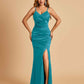 Sexy Satin Mermaid Bridesmaid Dresses Spaghetti Straps V-neck Side Slit Floor Length