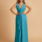 Sexy Satin Deep V-neck Long Bridesmaid Dresses A-line Pleats Sleeveless Floor Length