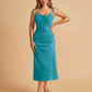 Sexy Satin Midi Prom Dresses Spaghetti Straps Slip Scoop Side Slit