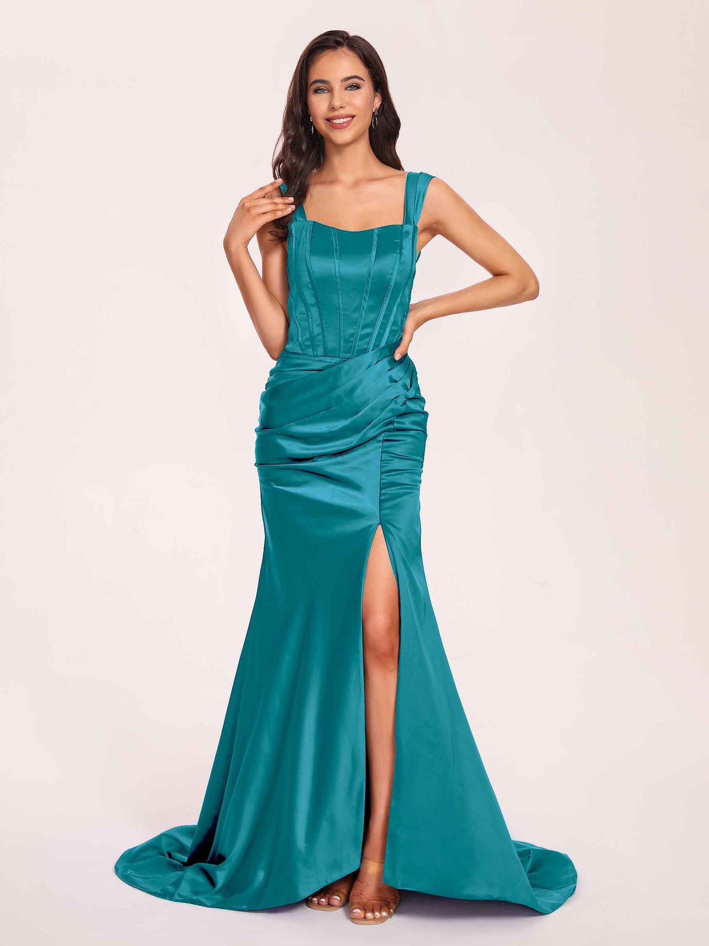 Sexy Satin Square Mermaid Bridesmaid Dresses Pleats Side-Slit Floor-Length Sleeveless