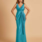 Sexy Satin Sheath V-neck Bridesmaid Dresses Strapless Floor Length