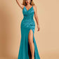 Sexy Satin Mermaid Bridesmaid Dresses Spaghetti Straps V-neck Side Slit Half Open Back