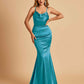 Satin Mermaid Open Back Bridesmaid Dresses Spaghetti Straps Scoop Floor Length
