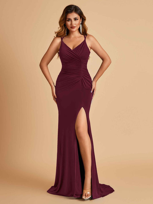 Jersey Mermaid Bridesmaid Dresses Spaghetti Straps V-neck Side Slit Floor Length