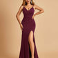 Jersey Mermaid Bridesmaid Dresses Spaghetti Straps V-neck Side Slit Pleats Floor Length