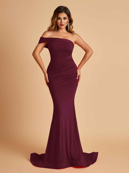 Sexy Jersey One Shoulder Bridesmaid Dresses Mermaid Pleats Floor Length Unique