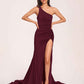 Jersey One-shoulder Prom Dresses Open Back Pleats Side-Slit With Train Long