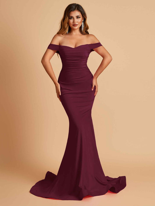 Jersey Mermaid Bridesmaid Dresses Off Shoulder Sweetheart Pleats Floor Length