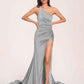Jersey One-shoulder Prom Dresses Open Back Pleats Side-Slit With Train Long