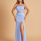 Satin Mermaid Long Bridesmaid Dresses Spaghetti Straps Scoop Side Slit Criss-cross Back