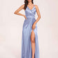 Sexy Satin A-line Prom Dresses Spaghetti Straps Side Slit V-neck Floor Length