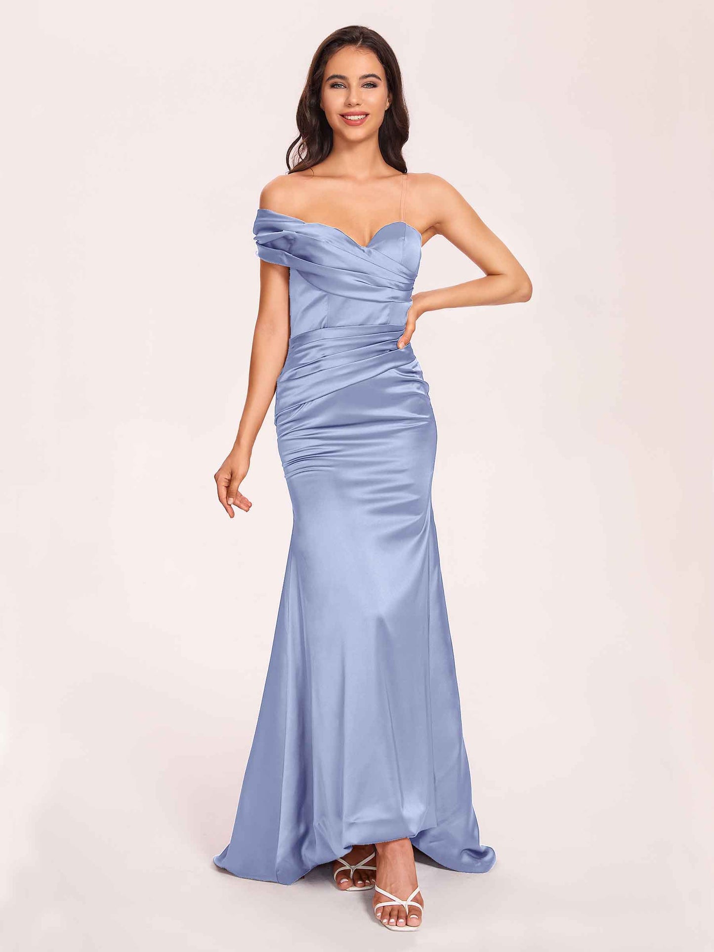 Satin One-shoulder Bridesmaid Dresses Pleats Floor Length Mermaid Long