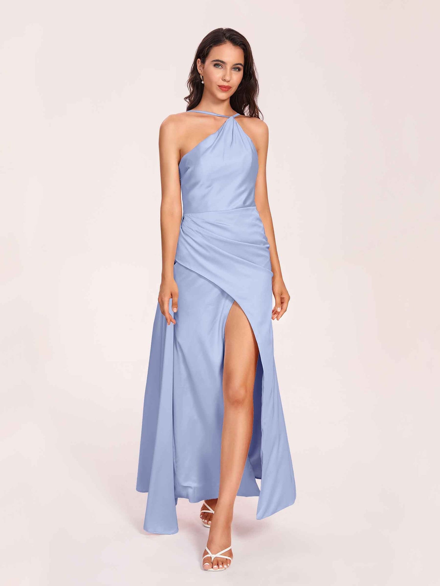 Sexy Satin Halter Strap Sheath Prom Dresses Side Slit Pleats Floor Length