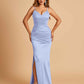 Satin Mermaid Long Bridesmaid Dresses Spaghetti Straps V-neck Side Slit Floor Length For Sale