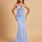 Satin Mermaid Open-back Prom Dresses Spaghetti Straps V-neck With Pleats Floor Length