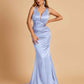 Sexy Satin Criss-cross Back Prom Dresses Mermaid Deep V-neck Back Pleats Floor Length
