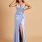 Sexy Satin Sheath Prom Dresses Spaghetti Straps V-neck Side Slit Pleats Floor Length
