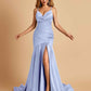 Sexy Satin Mermaid Open Back Prom Dresses Spaghetti Straps V-neck Side Slit