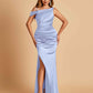 Unique Satin One Shoulder Prom Dresses Side Slit Half Open Back Floor Length