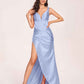 Satin Spaghetti Straps Corset Prom Dresses Pleats Side-Slit Sheath Floor Length