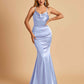 Satin Mermaid Open Back Bridesmaid Dresses Spaghetti Straps Scoop Floor Length