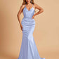 Sexy Satin Mermaid Prom Dresses Spaghetti Straps V-neck Pleats Floor Length