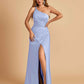 Satin One Shoulder Sheath Prom Dresses Spaghetti Straps Side Slit Floor Length