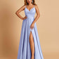 Satin A-line Long Prom Dresses Spaghetti Straps V-neck Side Slit Floor Length