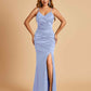 Sexy Satin Mermaid Bridesmaid Dresses Spaghetti Straps V-neck Side Slit Floor Length