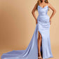 Sexy Satin Sheath Bridesmaid Dresses Strapless Sweetheart Side Slit With Train