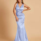 Sexy Satin Criss-cross Back Bridesmaid Dresses Mermaid Deep V-neck Back Pleats Floor Length