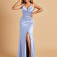 Sexy Satin Sheath Bridesmaid Dresses Spaghetti Straps V-neck Side Slit Pleats Floor Length